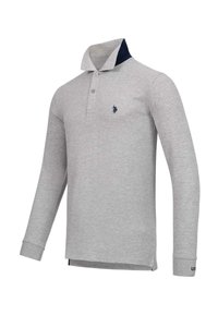 Light grey long-sleeve polo shirt with two buttons, a dark blue inner collar, small embroidered logo on the chest, and ribbed cuffs.