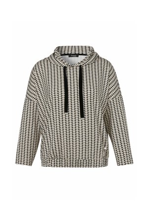 Langärmliges Kapuzensweatshirt mit schwarz-weißem Wellenmuster und schwarzen Kordeln, Markenetikett im Krageninneren.