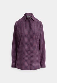 Lilla langermet skjorte med et geometrisk mønster i rosa og blått, knappet foran, klassisk krage og glatt stofftekstur.