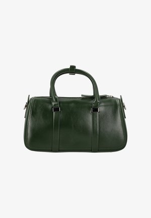 Grüne Lederhandtasche mit strukturierter Form, zwei kurzen Griffen, Reißverschluss und dezenten schwarzen Metallakzenten.