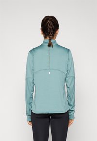 Langarm teal sporttop met hoge kraag, gestructureerde stof en een rugventilatie-detail. Heeft duimgaten en een klein logo op de mouw.