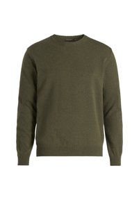 Pull vert olive à col rond avec manches longues et bords côtes aux poignets, à l'ourlet et à l'encolure, présenté sur un fond blanc.