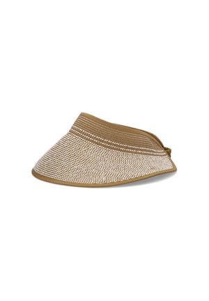 Sombrero de visor trenzado en marrón con un ala ancha y curva, y un detalle texturizado a lo largo del borde, que cuenta con una banda flexible para un ajuste ajustable.