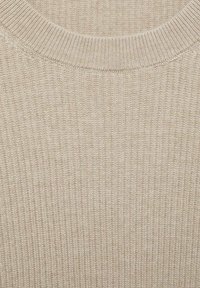 Beige knitted sweater with a ribbed texture and a classic crew neckline. The fabric is soft with a subtle sheen and consistent pattern.
