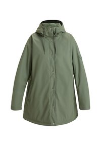 Groene waterdichte parka met een capuchon, voorzien van een voorste drukknoopsluiting, zakken aan de zijkant en verstelbare trekkoorden voor de juiste pasvorm. Soepele textuur.