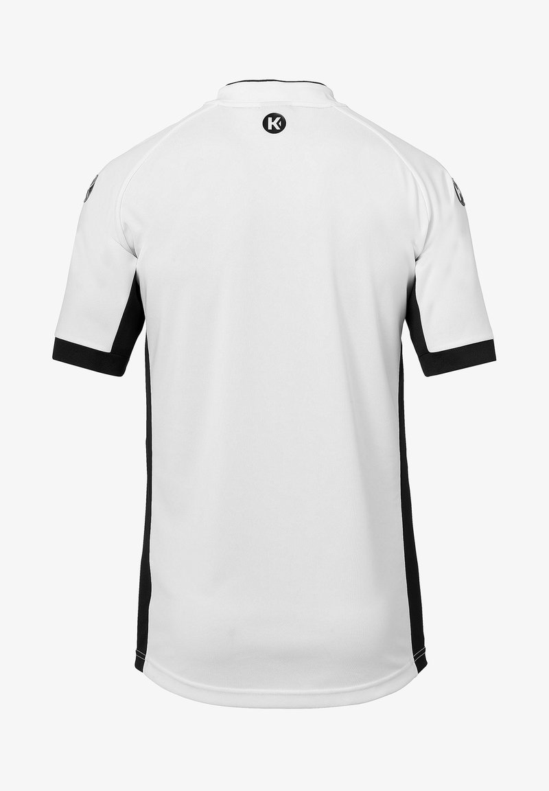 Wit sportshirt met zwarte accenten, korte mouwen en een ronde kraag. Kenmerkt een logo op de rug en contrasterende zijpanelen. Soepele textuur.