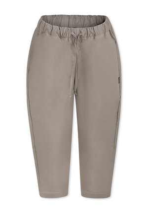 Pantaloni cropped grigio chiaro con vita elastica, dettaglio con cordoncino e tasche laterali. Realizzati in tessuto liscio e leggero.