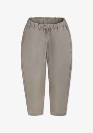 Lichtgrijze cropped broek met een elastische tailleband, trekkoorddetails en zijzakken. Gemaakt van een gladde, lichte stof.