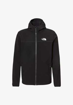 Giacca in pile nera con zip e cappuccio, caratterizzata da una texture liscia, due tasche laterali e un logo bianco nell'area superiore sinistra del petto.