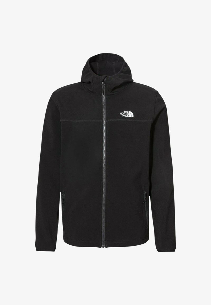 Giacca in pile nera con zip e cappuccio, caratterizzata da una texture liscia, due tasche laterali e un logo bianco nell'area superiore sinistra del petto.