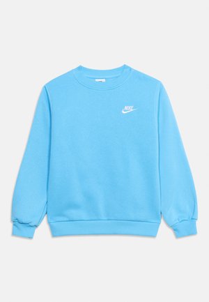 Hele sinine pika varrukaga Nike dressipluus soonikkoes varrukate ja äärega, vasakul rinnal väike valge Nike logo.