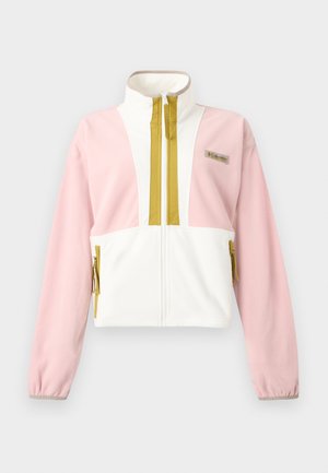 Γυναικείο μπουφάν από φλίς με πλήρη φερμουάρ μπροστά, ψηλό γιακά, ροζ μανίκια, λευκό κορμό και διακοσμητικά φερμουάρ και τσέπες σε μουσταρδί κίτρινο.