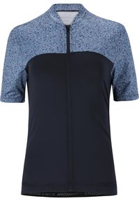 Maillot de cyclisme à manches courtes avec un haut à motifs bleus et un bas bleu marine uni. Présente une fermeture éclair sur le devant et un accent logo le long de l'ourlet.
