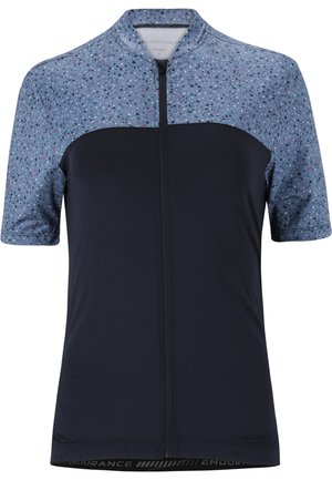 Short-sleeve cycling jersey with a blue patterned upper and solid navy lower. Features a front zipper and a logo accent along the hem.