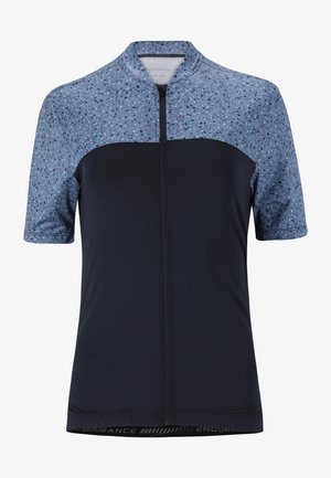 Short-sleeve cycling jersey with a blue patterned upper and solid navy lower. Features a front zipper and a logo accent along the hem.
