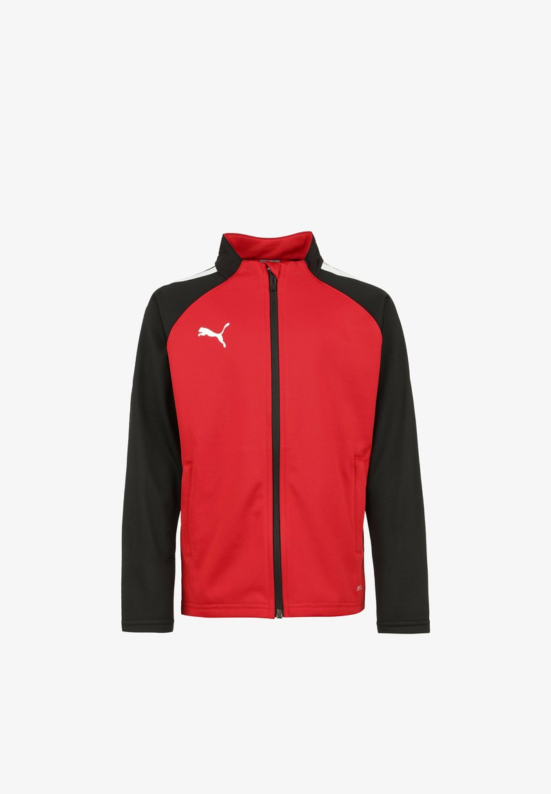 Veste zippée rouge et noire à manches longues, avec un col haut et un logo blanc sur la poitrine. Texture lisse, design athlétique.