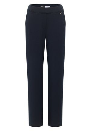 Marineblauwe rechte broek met elastische tailleband, geen zichtbare zakken en een subtiel merkembleem bij de heup.