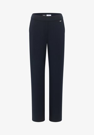 Marineblå bukser med lige ben, elastisk talje, ingen synlige lommer og diskret mærkelabel ved hoften.