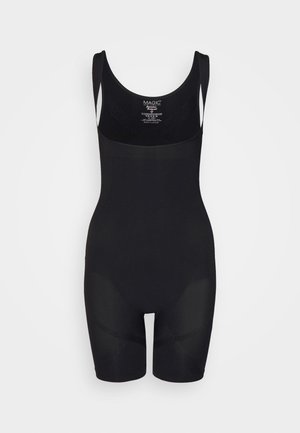 Black bodysuit with sleeveless design, made of smooth fabric, featuring a fitted shape and shorts extending to mid-thigh.