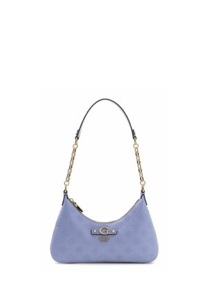 Sac à main Guess en lavande avec motif de logo embossé, bandoulière chaîne dorée et plaque métallique centrale "G" avec fermeture éclair.
