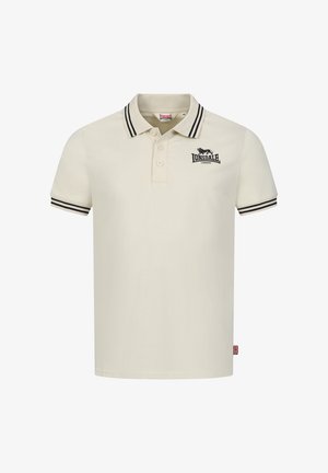 Beige polo-shirt lavet af bomuld, med en sort stribet krave og manchetter, to knapper og et lille logo på brystet.