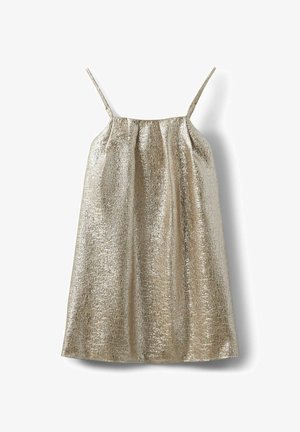 Robe sans manches dorée scintillante avec de fines bretelles, dotée d'un tissu texturé et d'une silhouette ample et fluide, tombant au-dessus du genou.