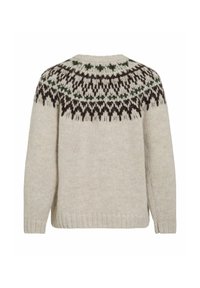 Kremowy sweter dzianinowy z ciemno-brązowymi i zielonymi geometrycznymi wzorami wokół dekoltu oraz ściśle przylegającymi mankietami i dołem.