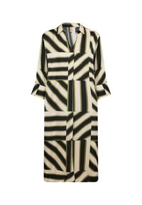 Hemd-Kleid mit V-Ausschnitt, dreiviertellangen Ärmeln und einem geometrischen Muster aus schwarzen, olivgrünen und cremfarbenen Streifen auf einem glatten Stoff.