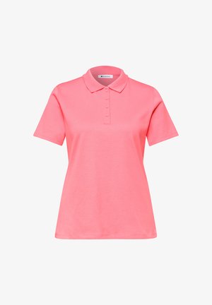 Polo rose à manches courtes avec un col et cinq boutons au centre devant, présenté sur fond blanc.