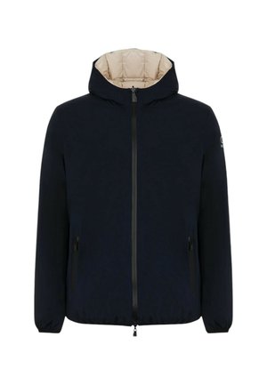 Giacca a cappuccio blu navy con zip frontale, polsini elasticizzati e due tasche laterali con zip. Interno foderato con materiale beige chiaro.