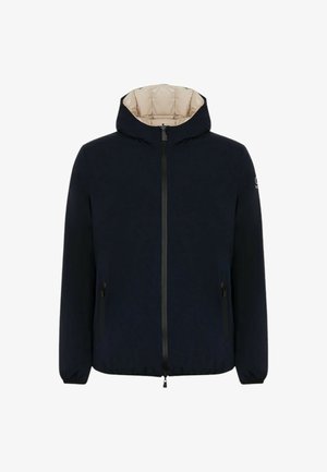 Giacca a cappuccio blu navy con zip frontale, polsini elasticizzati e due tasche laterali con zip. Interno foderato con materiale beige chiaro.