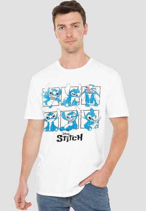 White cotton t-shirt featuring blue cartoon character Stitch in various poses, styled with a graphic print and black text reading "Disney Stitch."