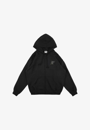 Czarna bluza z kapturem na zamek błyskawiczny, z kieszenią kangurzą, kapturem ze sznurkiem i subtelnym logo na piersi. Wykonana z miękkiego, fakturowanego materiału.