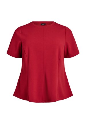 Raudona trumpa rankovė viršuje, pagaminta iš minkštos medžiagos, su apvalia iškirpte, laisvu siluetu ir nežymiais šonais, suteikiančiais formą.