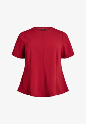 Raudona trumpa rankovė viršuje, pagaminta iš minkštos medžiagos, su apvalia iškirpte, laisvu siluetu ir nežymiais šonais, suteikiančiais formą.