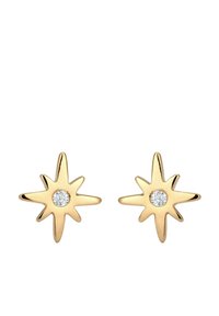 Goldene, sternförmige Ohrringe mit spitzen Enden und einem zentralen, klaren Edelstein. Glatte Oberfläche mit reflexiven Flächen, die einen schimmernden Effekt erzeugen.