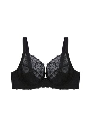 Soutien-gorge noir à armatures en dentelle avec motifs floraux, bretelles réglables et un petit détail ajouré au centre avant.