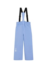 Ljust blå snöbyxor med svarta justerbara hängslen, elastisk midja och en vit logodetalj på vänster ben. Slätt syntetiskt material.