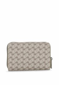 Gray patterned wallet featuring a textured fabric with a repeating geometric design, a zip closure, and a metal accent.