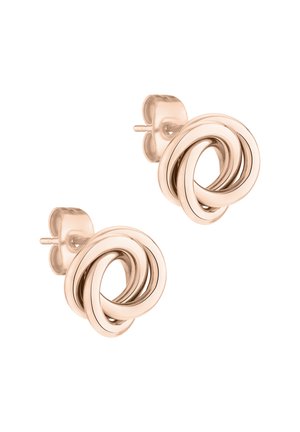 Ohrringe aus rosévergoldetem Metall, die sich durch ineinander verschlungene Kreisdesigns mit einer glatten, polierten Oberfläche und einem subtilen dreidimensionalen Effekt auszeichnen.