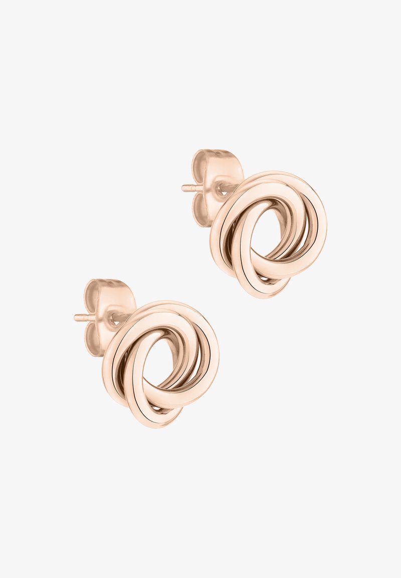 Orecchini a stud in oro rosa con design circolari intrecciati, con una finitura liscia e lucida e un sottile effetto tridimensionale.