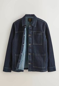 Dark blue denim jacket with a button-up front, two chest pockets, and contrasting lighter inner lining. Features visible stitching accents.