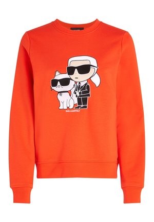 Helles oranges Sweatshirt mit Cartoon-Figuren von einer Person und einer Katze, beide vorne schwarze Sonnenbrillen tragend.