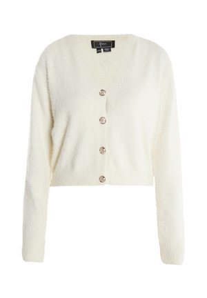 Cardigan de culoare crem, dintr-un material moale șitexturat. Are un decolteu în V și cinci butoane decorative pe față. Lungime scurtă.