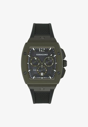 Ceas de mână pătrat negru Ferragamo cu trei subcadrane, fereastră pentru dată la ora 6, curea neagră texturată din cauciuc și coroană proeminentă pe partea dreaptă.