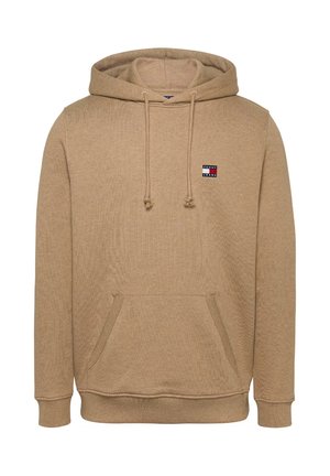 Felpa con cappuccio beige con tasca a marsupio frontale, cappuccio con coulisse, polsini a costine e piccolo logo Tommy Jeans sul petto.