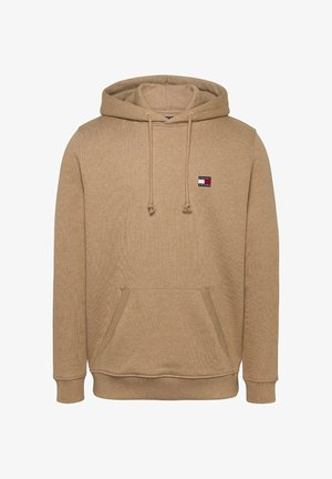 Felpa con cappuccio beige con tasca a marsupio frontale, cappuccio con coulisse, polsini a costine e piccolo logo Tommy Jeans sul petto.