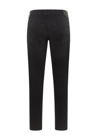 Czarne dżinsowe spodnie o prostym kroju nogawki, z tylnymi kieszeniami i gładką teksturą. Minimalistyczny design bez widocznych ozdób.