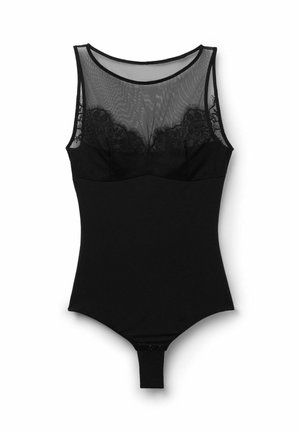 Sort ærmeløs bodystocking med mesh-udskæring ved halsen, blonde detaljer på brystet og trykknapper ved skridtet.