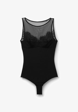 Schwarzer ärmelloser Bodysuit mit Mesh-Ausschnitt, Spitzenverzierungen auf der Brust und Druckknöpfen im Schrittbereich.